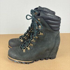 Sorel Conquest High Wedge Boots Womens 7 Black Leather Lace Up Combat